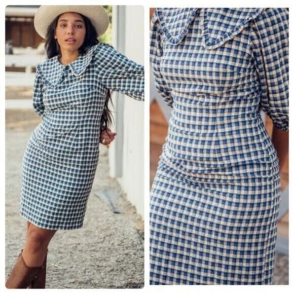 JessaKae Jessy Jane Collar 3/4 Puff Sleeves Blue Check Dress Size Medium - Picture 1 of 7